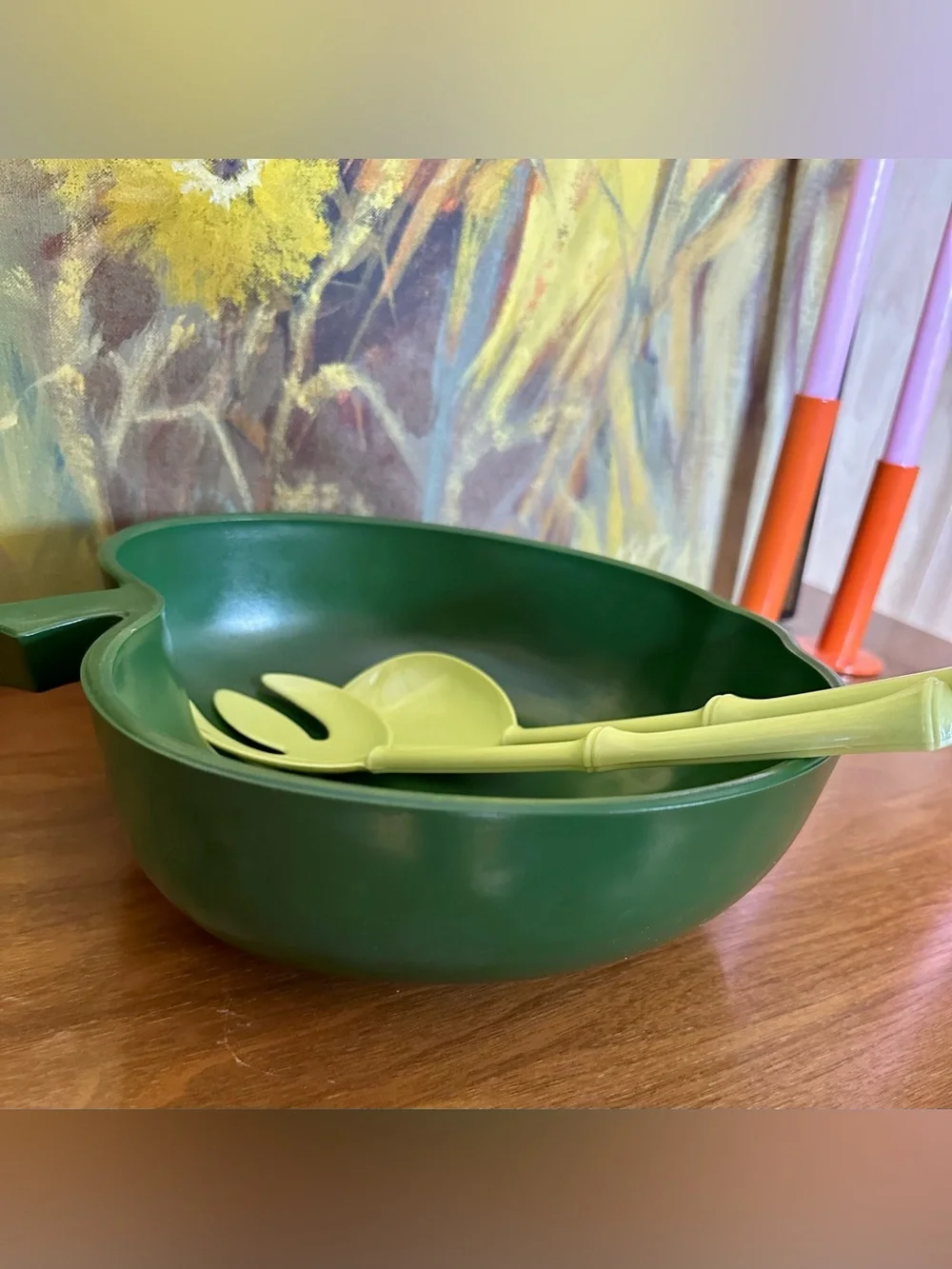 Vintage 1950s Hazel Atlas Green Apple Salad Bowl w/ Original Servers - MCM
